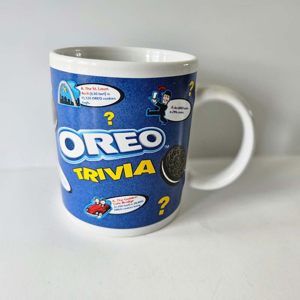Oreo Trivia Ceramic Coffee Mug Cup Nabisco Houston Harvest White and Blue